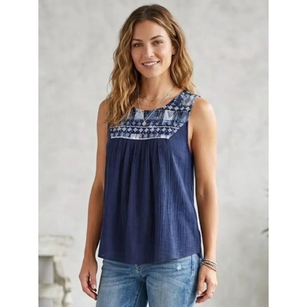 Lucky Brand | Embroidered Yoke Tank Top 2X Linen Blend Tribal Boho Chic Festival